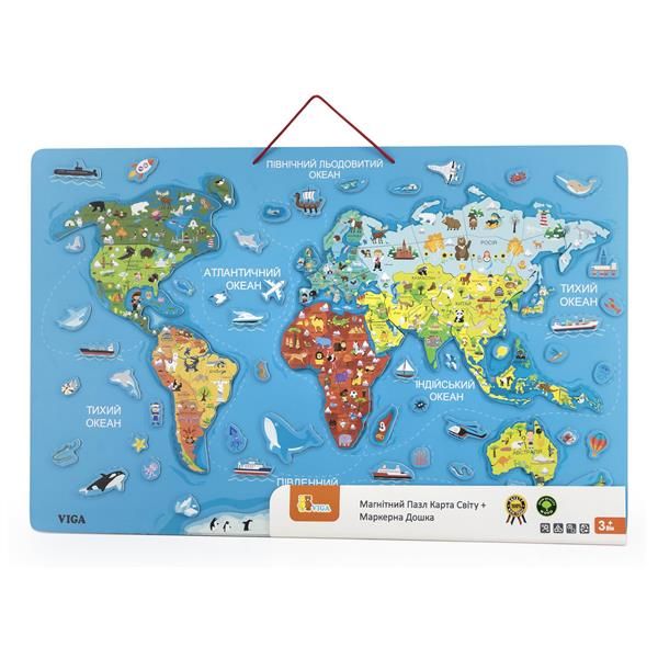 Магнітний пазл Viga Toys Карта світу з маркерной дошкою українською мовою (44508) kidis_11835 фото